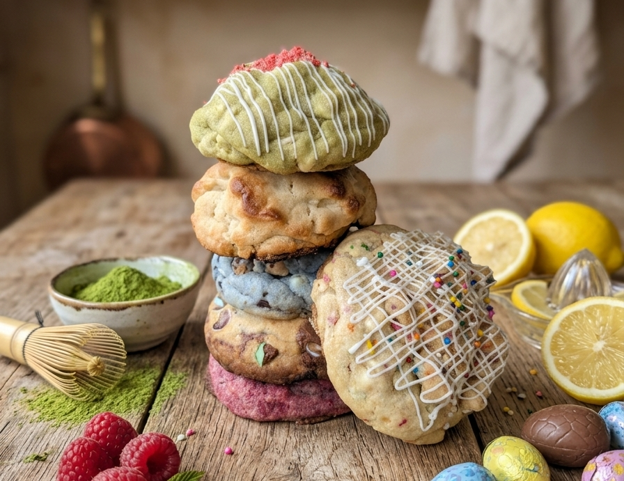 Stack of colorful cookies on a wooden table with lemons and raspberries.